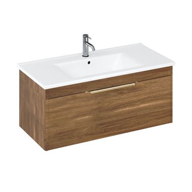 Britton Bathrooms Shoreditch 1000mm Caramel Single Drawer Wall Mounted Vanity Unit with Brushed Brass Handle & Round Basin