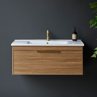 Britton Bathrooms Shoreditch 1000mm Single Drawer Wall Mounted Vanity Unit with Brushed Brass Handle & Basin