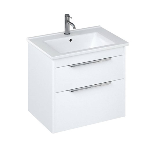 Britton Bathrooms Shoreditch 650mm Double Drawer Wall Mounted Vanity Unit with Chrome Handles & Basin