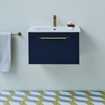 Britton Bathrooms Shoreditch 650mm Single Drawer Wall Mounted Vanity Unit with Brushed Brass Handle & Basin