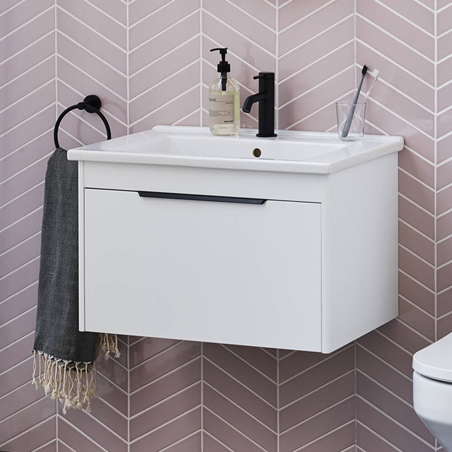 Britton Bathrooms Shoreditch 650mm Single Drawer Wall Mounted Vanity Unit with Matt Black Handle & Basin