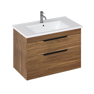 Britton Bathrooms Shoreditch 850mm Caramel Double Drawer Wall Mounted Vanity Unit with Matt Black Handles & Square Basin