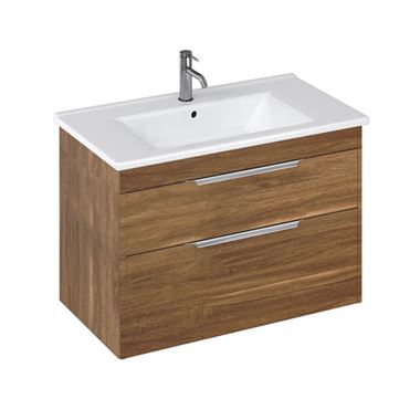 Britton Bathrooms Shoreditch 850mm Caramel Double Drawer Wall Mounted Vanity Unit with Chrome Handles & Round Basin