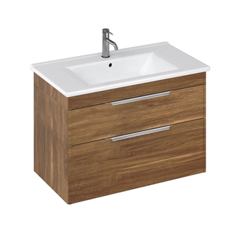 Britton Bathrooms Shoreditch 850mm Double Drawer Wall Mounted Vanity Unit with Chrome Handles & Basin