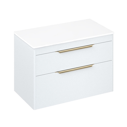 Britton Bathrooms Shoreditch 850mm Double Drawer Wall Mounted Vanity Unit with Brushed Brass Handles & Countertop