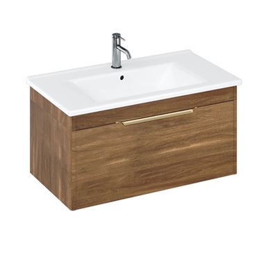 Britton Bathrooms Shoreditch 850mm Caramel Single Drawer Wall Mounted Vanity Unit with Brushed Brass Handle & Round Basin