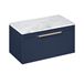Britton Bathrooms Shoreditch 850mm Matt Blue Single Drawer Wall Mounted Vanity Unit with Brushed Brass Handle & Carrara White Countertop