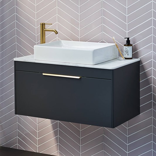 Britton Bathrooms Shoreditch 850mm Single Drawer Wall Mounted Vanity Unit with Brushed Brass Handle & Countertop