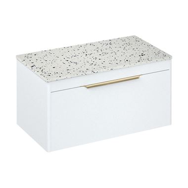 Britton Bathrooms Shoreditch 850mm Matt White Single Drawer Wall Mounted Vanity Unit with Brushed Brass Handle & Ice Blue Countertop
