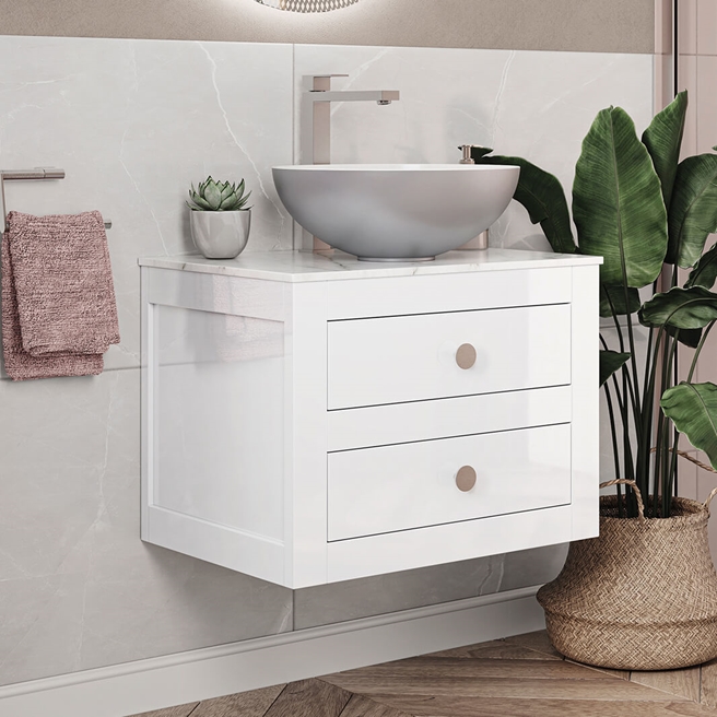 Crosswater Canvass 600mm Wall Mounted Vanity Unit with Carrara Marble Effect Worktop & Optional Legs