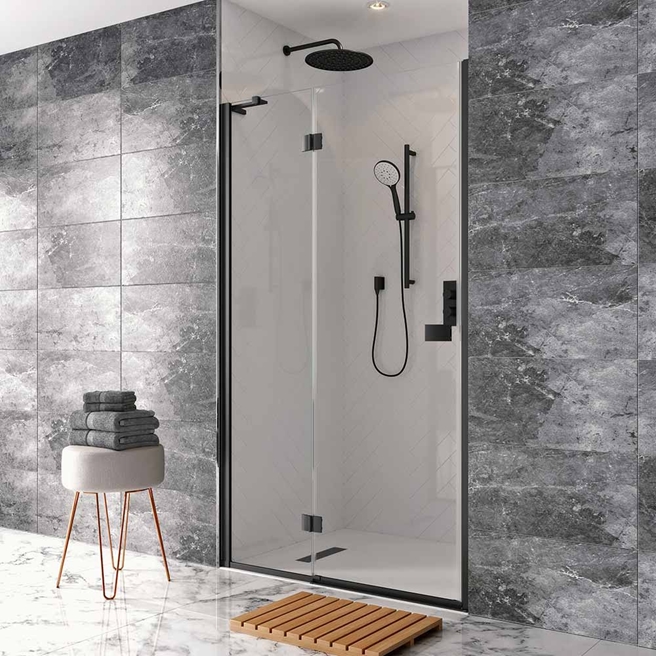 Crosswater Design+ Matt Black 6/8mm Easy Clean Hinged Shower Door with Inline & Optional Side Panel