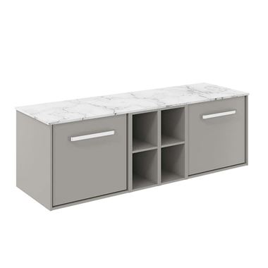 Crosswater Infinity Double Wall Mounted Storm Grey Drawer Unit & Double Base Unit with Carrara Marble Worktop - 1400mm - Brushed Brass Handle