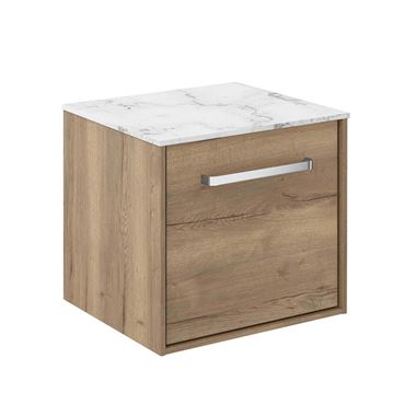 Crosswater Infinity Single Wall Mounted Windsor Oak Drawer Unit with Carrara Marble Worktop - 500mm - Brushed Brass Handle