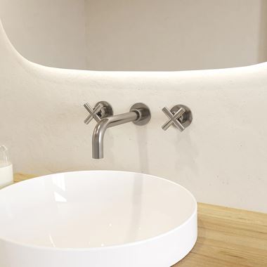 Crosswater MPRO 3 Hole Wall Mounted Basin Mixer Tap with Crosshead Handles - Brushed Stainless Steel Effect