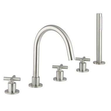 Crosswater MPRO 5 Hole Bath Mixer Tap & Shower Handset with Crosshead Handles - Brushed Stainless Steel Effect