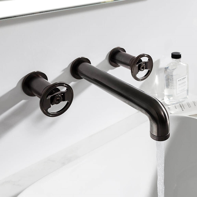Crosswater Union 3 Hole Wall Mounted Basin Mixer Tap with Wheels - Brushed Black Chrome
