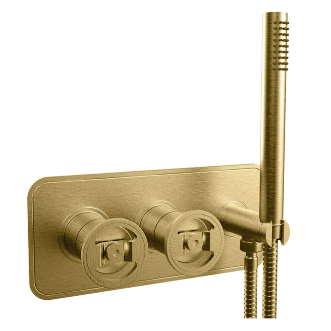 Crosswater Union 2 Outlet Concealed Thermostatic Bath Shower Valve with Wheels & Shower Handset - Brushed Brass
