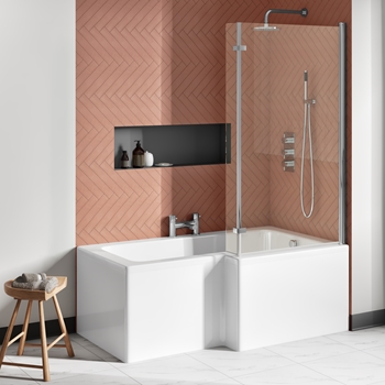 Drench Polished Chrome Hinged L-Shaped Bath Screen with Fixed Return - 1400 x 815mm