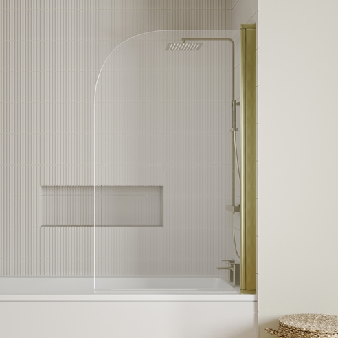 Vellamo Brushed Brass Curved Corner Single Hinged Bath Screen - 1435 x 775mm