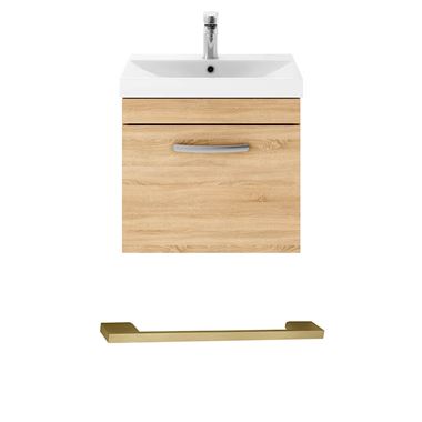 Emily 500mm Natural Oak Wall Mounted 1 Drawer Vanity Unit, Thin Edged Basin, Brushed Brass Handle & Overflow