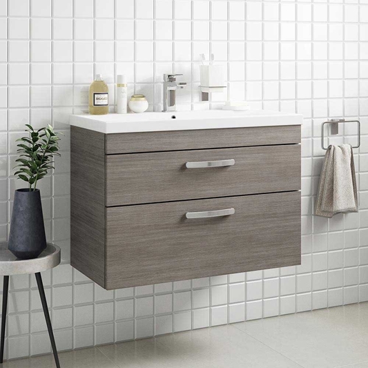 Emily 800mm Wall Mounted 2 Drawer Vanity Unit Basin Brown Grey Avola Drench - Wall Mounted Bathroom Sink Units