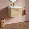 Emily Natural Oak Wall Mounted 1 Drawer Vanity Unit, Thin Edged Basin, Brushed Brass Handle & Overflow