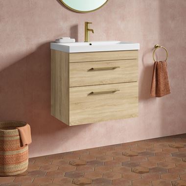 Emily 600mm Natural Oak Wall Mounted 2 Drawer Vanity Unit, Thin Edged Basin, Brushed Brass Handles & Overflow