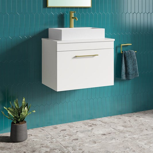 Emily Gloss White Wall Mounted 1 Drawer Vanity Unit and Countertop with Brushed Brass Handle