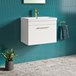 Emily 600mm Gloss White Wall Mounted 1 Drawer Vanity Unit, Thin Edged Basin, Brushed Brass Handle & Overflow