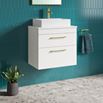 Emily 600mm Gloss White Wall Mounted 2 Drawer Vanity Unit with Brushed Brass Handles and Hudson Reed Round Countertop Basin