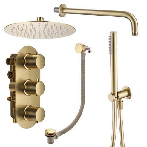 Harbour Clarity Brushed Brass Shower Package with 3 Outlet Valve, Fixed Head & Arm, Wall Shower Kit and Overflow Bath Filler
