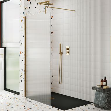 Harbour Contour 8mm Fluted Brushed Brass Glass Screen for Walk In Shower & Wetrooms