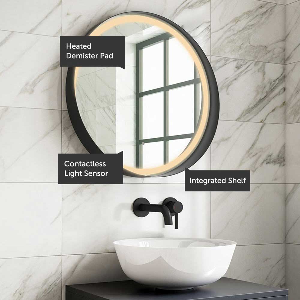 Harbour Status Led Illuminated Black Frame Round Mirror With Demister Pad Colour Change Leds 800mm Drench
