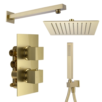 Harbour Status Brushed Brass Shower Package with 2 Outlet Valve, Fixed Head & Arm and Wall Shower Kit
