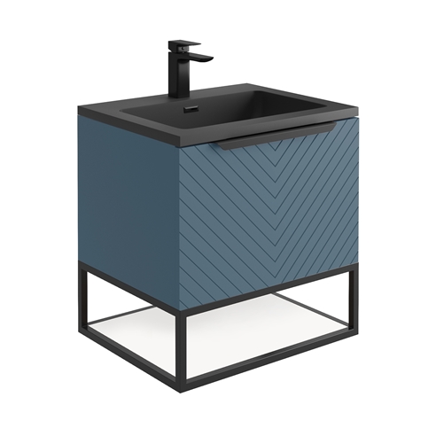 Harbour Symmetry 600mm Wall Hung Vanity Unit with Matt Black Frame Shelf and Handle & Basin