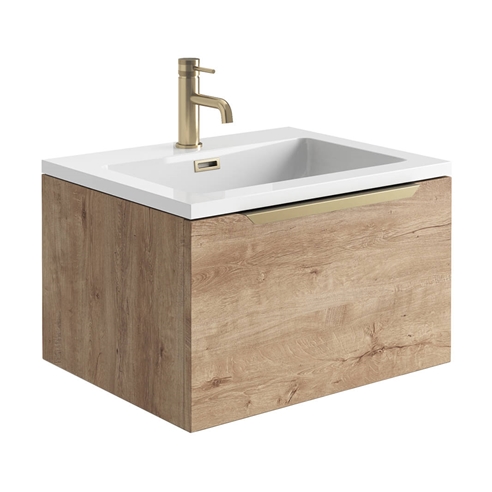 Harbour Virtue 600mm Wall Hung Vanity Unit with LED Illumination, Brushed Brass Handle & Basin