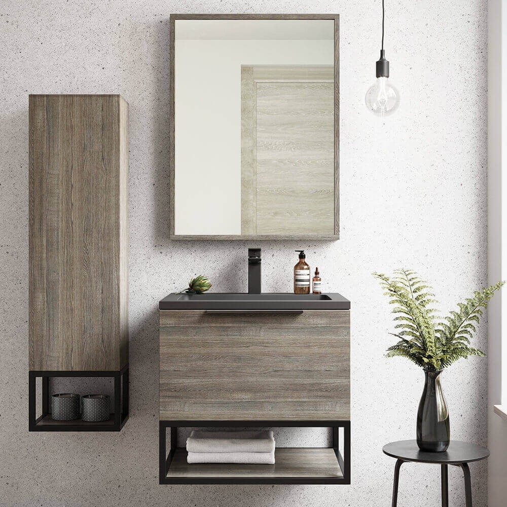 Harbour Virtue Mirror With Grey Oak, Oak Framed Bathroom Mirror With Shelf