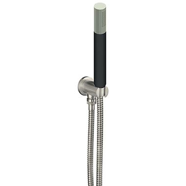 Inox Brushed Stainless Steel Round Water Outlet & Holder with Metal Hose & Slim Black Hand Shower