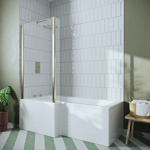 Drench Brushed Brass L-Shaped Bath Screen With Fixed Return - 1435 x 800mm