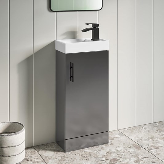 Maisie Compact 400mm Mini Cloakroom Floorstanding Vanity Unit with Black Handle, Overflow Cover & Basin - Anthracite