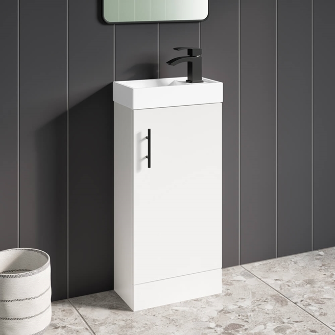 Maisie Compact 400mm Mini Cloakroom Floorstanding Vanity Unit with Black Handle, Overflow Cover & Basin - Gloss White