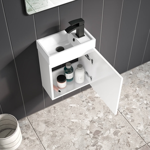 Maisie Compact 400mm Mini Cloakroom Wall Hung Vanity Unit with Black Handle, Overflow Cover & Basin - Gloss White