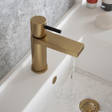 The Tap Factory Vibrance Brushed Brass Mono Basin Mixer with Vanto Black Handle and Basin Waste