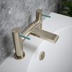 The Tap Factory Vibrance Brushed Nickel Deck Mounted Bath Filler with Pastel Blue Handles