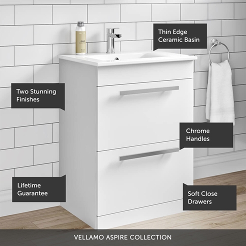 Vellamo Aspire 600mm Floorstanding 2 Drawer Vanity Unit & Basin - Gloss White