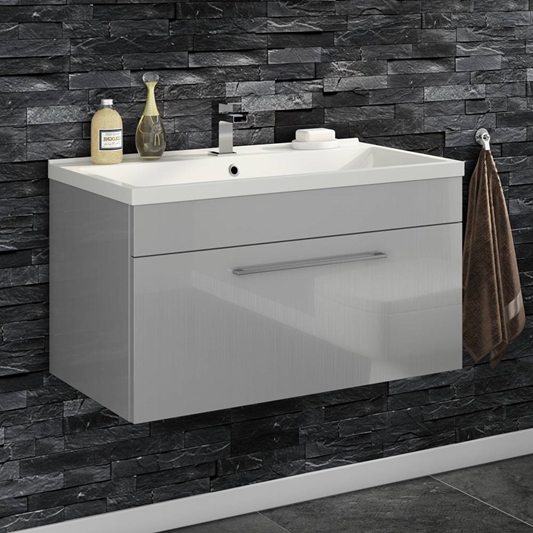 Vellamo Aspire 800mm Wall Mounted 1 Drawer Vanity Unit Basin Gloss Grey Drench - Wall Mounted Bathroom Basin Units