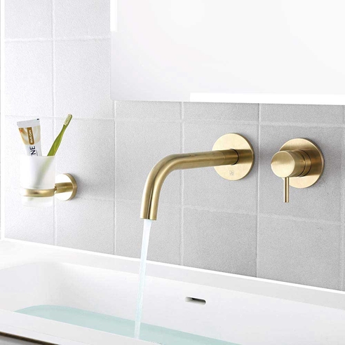 VOS Single Lever Wall Mounted Basin Mixer - Brushed Brass | Drench